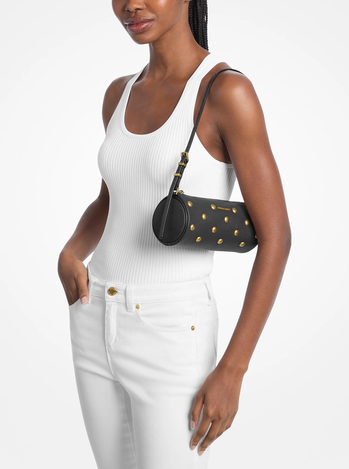 Izzy Small Studded Pebbled Leather Barrel Pochette