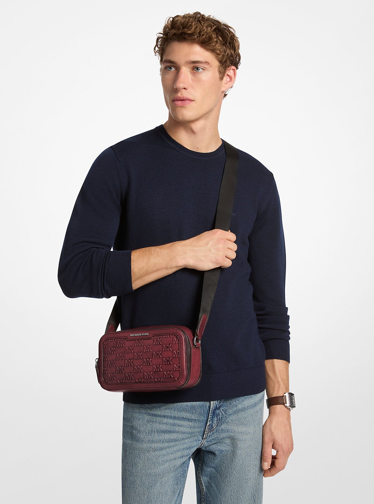 Hudson Logo Embossed Burnished Leather Crossbody Bag