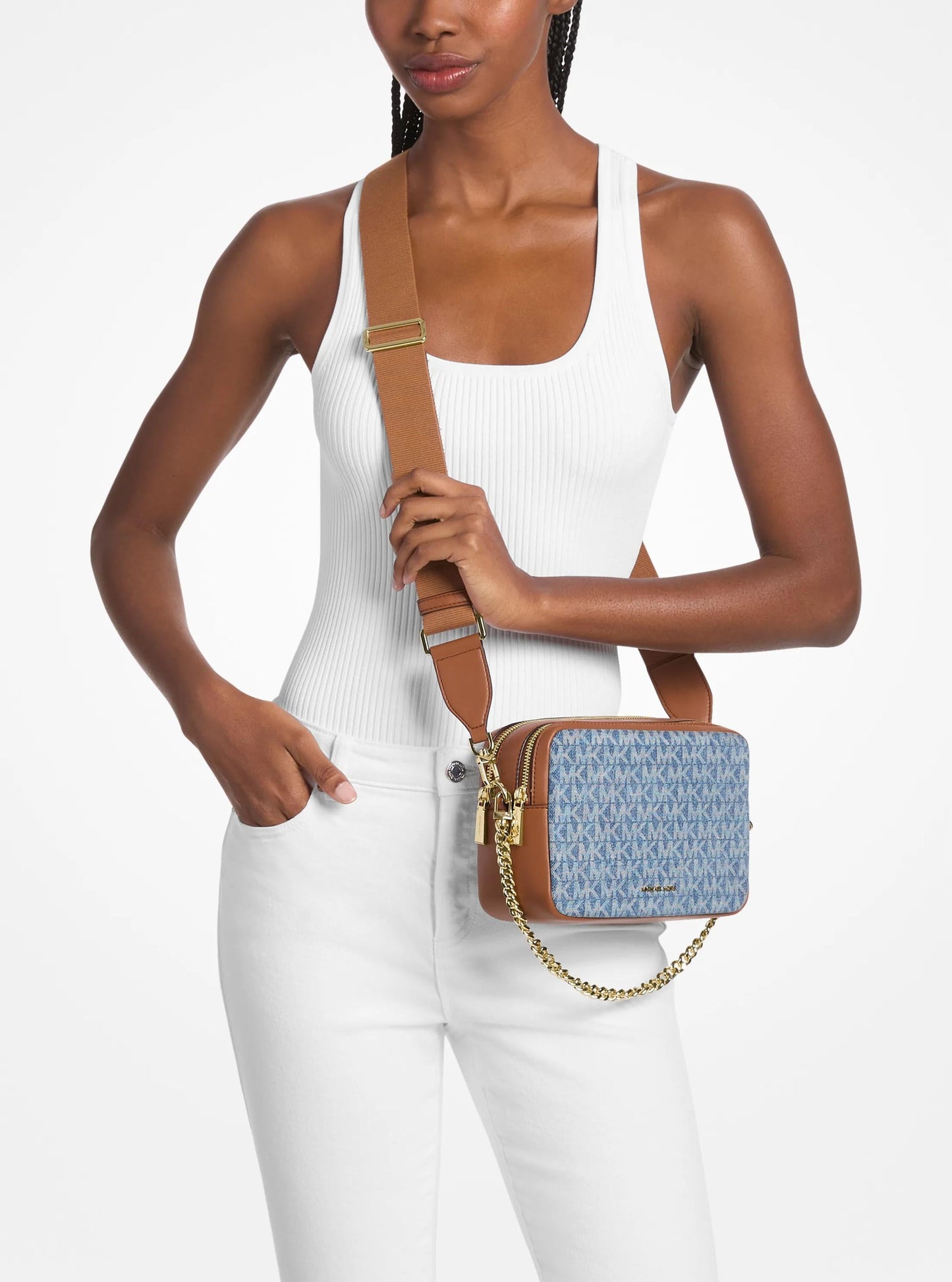 Bryant Medium Logo Jacquard Denim Camera Crossbody Bag